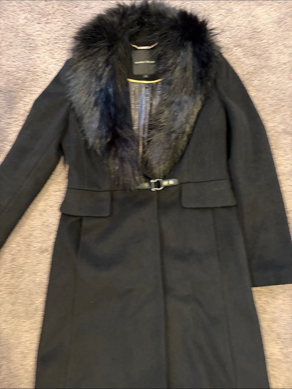 Ivanka Trump Black Wool Trench Coat with Faux Fur Collar